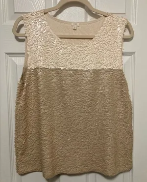 *J. Crew Collection Colorblock Ivory Tan Sequin Large Party Sleeveless Blouse #L thumbnail 1