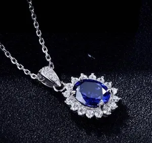 18K White Gold Plated Diamond Blue Gemstone Sapphire Pendant Necklace for Women thumbnail 3