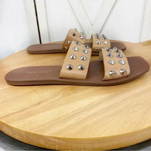 Nine West Brynli3 Studded Dual Strap Slide Sandals‎ Tan Silver 7 thumbnail 2