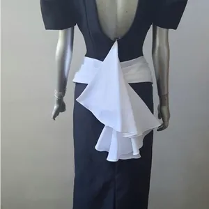 Vintage 80s Black White Puff Sleeve Column Maxi Dress Open Back Prom Goth Formal thumbnail 2
