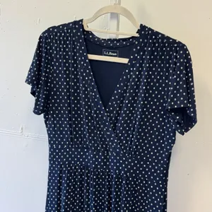 L.L. Bean Navy Polka Dot Faux Wrap Midi Dress Empire Waist 504854 M Reg thumbnail 3