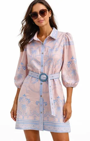 YOZY Pink Blue Palm Print Shirt Dress Belted Linen Blend Size L (8-10) thumbnail 1