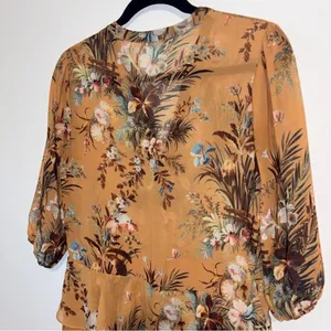 Anthropologie dRA Sheer Blouson Dress S Neutral Floral Chiffon Ruffle Office thumbnail 9
