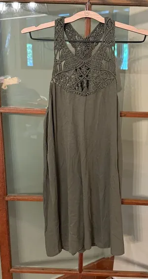 Billabong Olive Green Sleeveless Boho Crochet Mini Dress Sundress - Size Small thumbnail 1