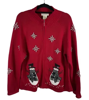 Mandal‎ Bay Red Snowman Christmas Sweater Zip Up Cardigan Beaded Snowflake XL thumbnail 1