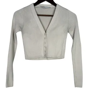 Zara Cropped V Neck Long Sleeve Fitted Ribbed Knit Button Down Sweater XS Beige thumbnail 1