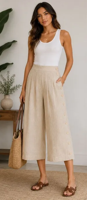Condor Linen Blend Wide Leg Cropped Pants Beige Button Detail High Rise Size 5/6 thumbnail 1