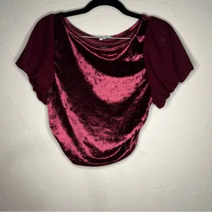 Intimately Free People Midnight Mood Velvet Burgundy Ruched Puff Sleeve Crop Top thumbnail 4