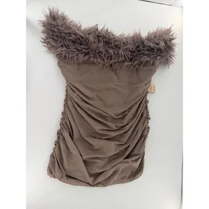 PrettyLittleThing Plus Taupe Faux Shearling Bardot Ruched Mini Dress 26 NWT Club thumbnail 2