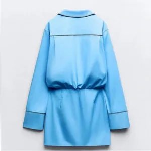 ZARA Short Trench Coat Deep V-Neck Cotton Button-Up Shirt Dress‎ Blue Size Large thumbnail 8