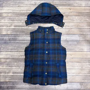 Boden Blue Brown Plaid Wool Blend Zip Up Hooded Puffer Pembroke Down Vest 6 thumbnail 8