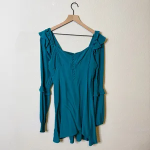 For Love & Lemons Teal Blue Ruffle Long Sleeve Mini Peasant Dress Womens Size M‎ thumbnail 2