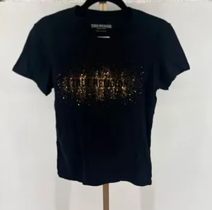 True Religion Gold Stud Embellished Crew Neck Tee Womens Small Black Bling thumbnail 1
