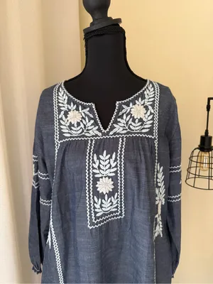 Roller Rabbit Abigail Blue Embroidered Cotton Tunic Dress Boho Medium thumbnail 4