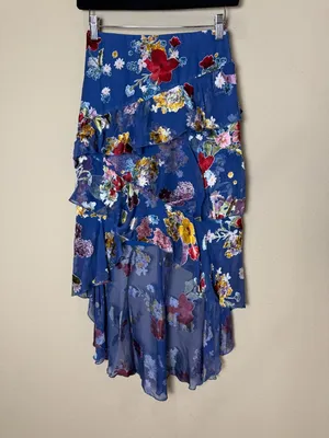 Alice + Olivia Blue Floral Skirt Velvet Burnout Tiered Ruffles Size 0 New NWT thumbnail 4