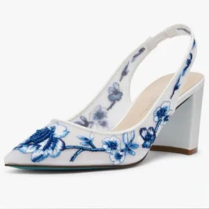 Betsey Johnson White Slingback Block Heels with Blue Floral Embroidery thumbnail 1
