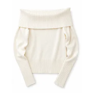 Women’s Ivory Off Shoulder Sweater Ribbed Foldover Cowl Neck Knit Pullover thumbnail 2