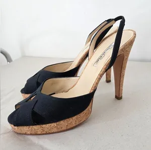 Oscar De La Renta Canvas Stilletto Heels Black Cork Designer Career Office EU 39 thumbnail 1