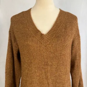 Nine West Metallic Sparkle Knit V Neck Long Sleeve‎ Sweater Brown Womens Small Minimalist thumbnail 2