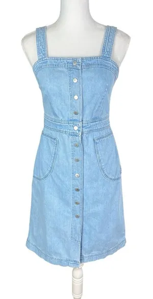 Topshop Moto Denim Jean Snap Front Dress‎ Light Wash Square Neck Size 6 thumbnail 1