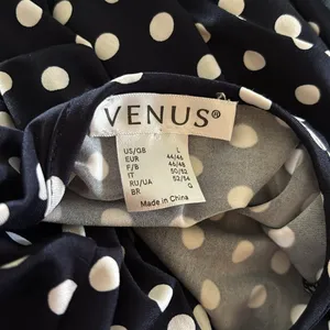 Venus Wide Leg Belted Jumpsuit Sz L Navy White Polka Dot Wrap Bust SS Cropped thumbnail 6