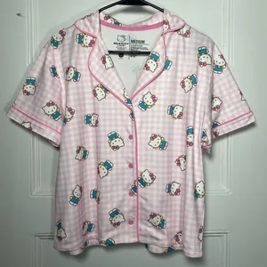 | Checkered Hello Kitty Print Button Down Pajama Top Medium thumbnail 1