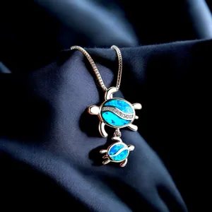 Silver Plated Tear Drop Opal Turtle Parent Child Pendant,‎ Minimalist Necklace thumbnail 2