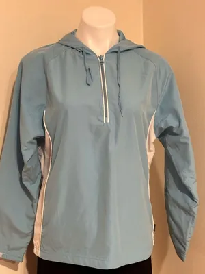 Reebok Blue Softshell Windbreaker 1/4 Zip Hoodie Jacket White Side Panels Sz M thumbnail 1