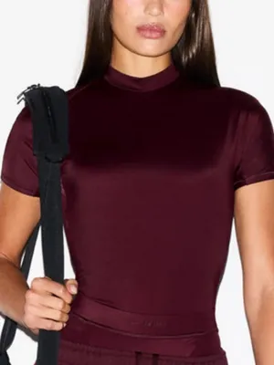 NIKE X Skims Shine Mock-Neck Short-Sleeve Top - Currant NWT SIZE L(G23) currant thumbnail 1