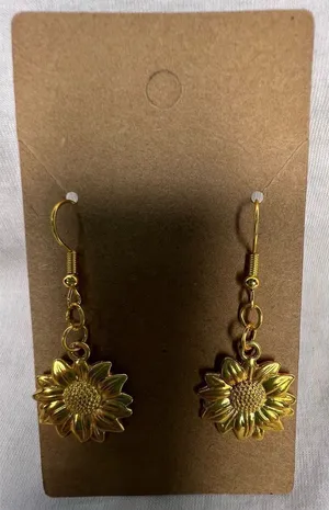 Handmade Shiny Gold Dangly Sunflower Earrings thumbnail 1