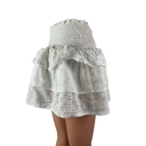 Lolli White Smocked Embroidered Eyelet Tiered Ruffle High Waist Mini Skirt Sz M thumbnail 4