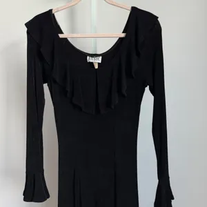 VTG‎ BASIC USA sz M Black Long Sleeve Ruffle Neck Maxi Dress Witchy Whimsygoth thumbnail 2