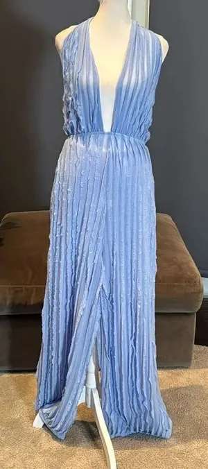 Women’s Blue V-Neck Backless Jumpsuit Romper RuffleWave WideLeg Pants Size M NEW thumbnail 1