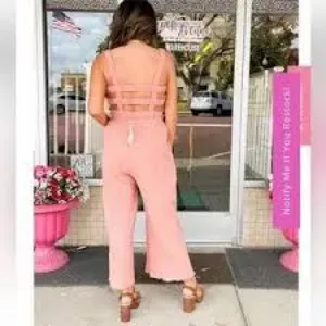 Loveriche cream raw hem jumpsuit‎ open back tie waist women's size medium trendy thumbnail 12