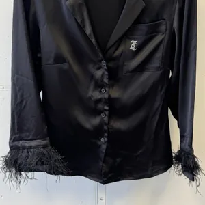 Juicy Couture Black Satin Feather Trim Pajama Top Rhinestone JC‎ Logo Mens Small thumbnail 4