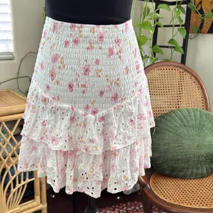 LucyParis White Eyelet Pink Floral Smocked Ruffle Boho Garden Cottage Mini Skirt thumbnail 2