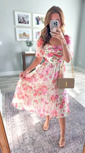 Abercrombie & Fitch Emerson Strawberry Floral Tiered Angle Sleeve Midi Dress S thumbnail 1