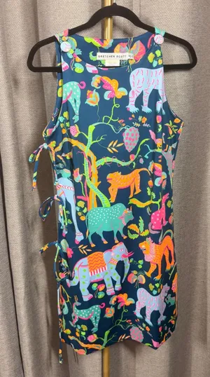 Gretchen‎ Scott Navy Blue Jungle Animal Print Side Tie Shift Dress Womens Small thumbnail 1