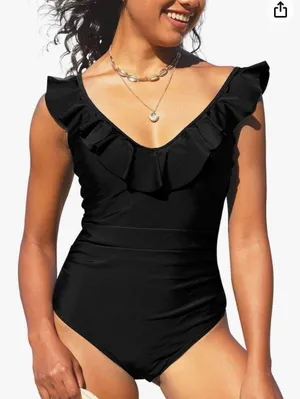 Hilor Women's One Piece Swimsuits V Neck Ruffled Swimwear Shirred Monokini Bathing Suit Tummy Control thumbnail 2