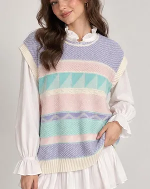 Vintage Sweater Vest Pastel Geometric Knit 80s Grandmacore Cottagecore College thumbnail 1