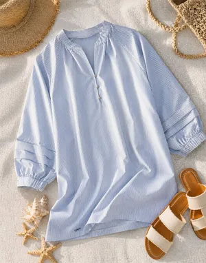 Simply Southern Blue White Striped Cover Up‎ Dress Coastal Beach Resort Tunic, M thumbnail 1