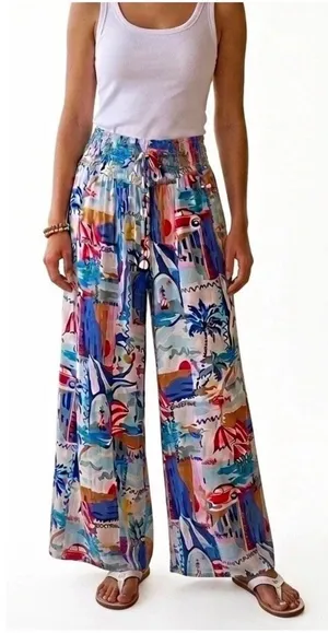 True Destinations Coastal Wide Leg Palazzo Pants Small Tropical Print Smocked thumbnail 1