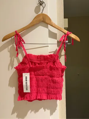 NWT urban outfitters cute Bright Pink Tie-Strap Smocked Crop Top thumbnail 2