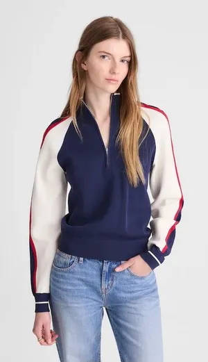 Madewell Womens Colorblock Quarter Zip Raglan Sweater Navy Red White Small NWT thumbnail 1