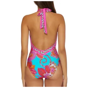 Trina Turk Swimsuit Women 14 Blue Meilani Border Halter Plunge NWT Colorful thumbnail 8