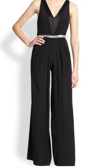 Nicole Miller Silk Jumpsuit Romper 8 Black Wide Leg Beaded V-Neck Elegant Chic thumbnail 1
