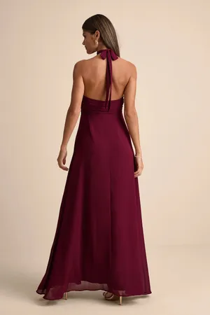 Lulu’s Cammie Burgundy Halter Neck Ruched Maxi Dress thumbnail 3