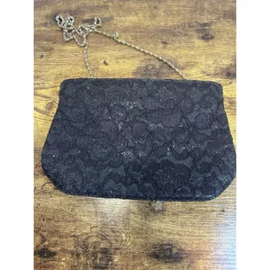 Vintage Black Floral Lace Glitter Evening Bag Gold Tone Chain Strap Formal Purse thumbnail 11