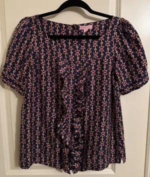 Lilly Pulitzer Silk Ruffle Front Navy And Pink Blouse Shirt Sz 2 Beachy Preppy‎ thumbnail 1