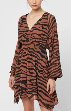 ALL SAINTS Nichola Zephyr Tiger Toffee Brown Black Long Sleeve‎ Midi Dress XS thumbnail 1